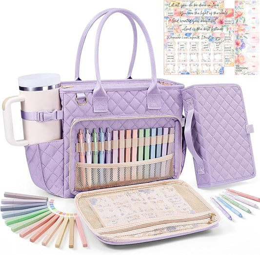 Large Bible Bag with Bible Cover Case for Women, Quilted Church Tote Bag Carrying Case w/Shoulder Strap, Bible Study Supplies Journaling Kit Accessories, Christian Gift for Women Mom Friends Teacher