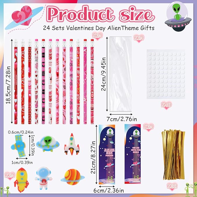Tinlade 24 Sets Space Theme Valentines Gift Sets Space Theme Pencil Eraser Valentine's Card with You Are Outta This World Heart Pencil Bulks Party Gift for School Office Exchange Party Favors Supplies