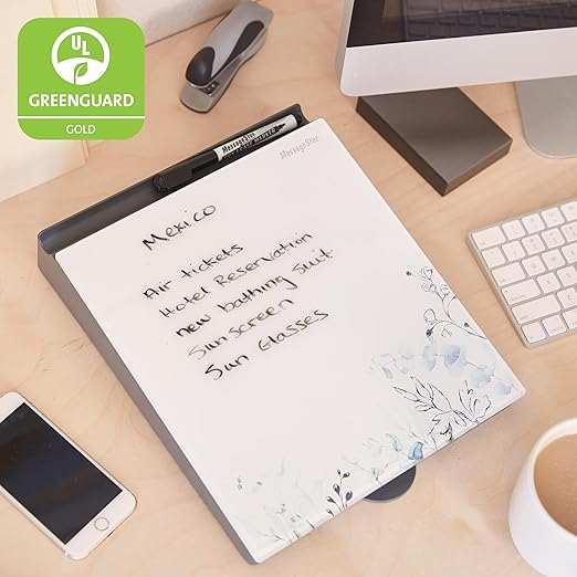 ECR4Kids MessageStor Dry-Erase Glass Board Memo Station, Desk Organizer, Botanical