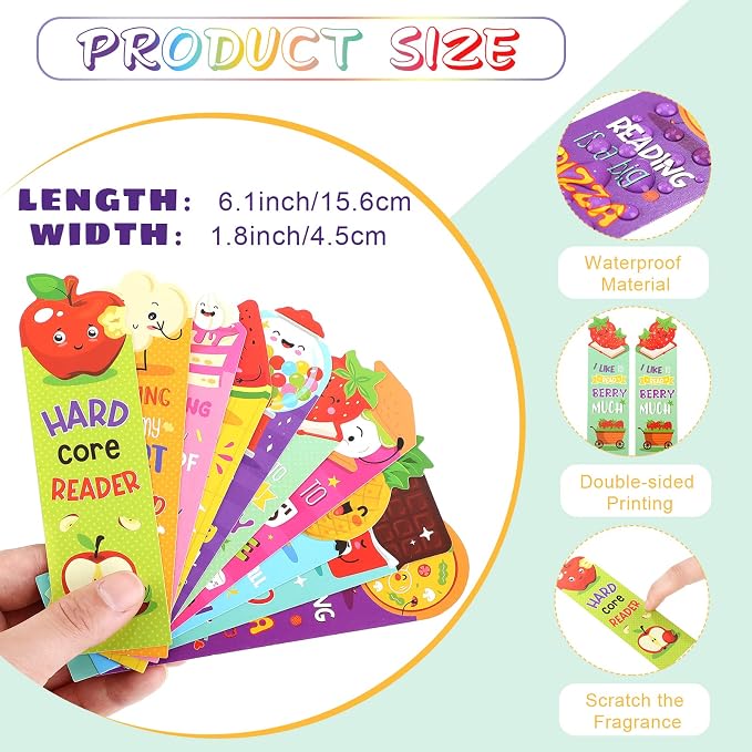 Teling 80 Pcs Scented Bookmarks and Pencils with Cute Toppers Set Fun Pencils Fruit Food Theme Scratch and Sniff Bookmarks Cartoon Pen Toppers Study Supplies(Lovely Style)
