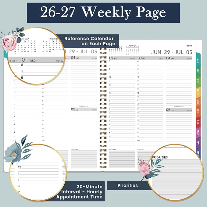 Appointment Book 2026-2027 - Daily Planner 2026-2027, Jul. 2026 - Jun. 2027, Weekly Appointment Book, Hourly Planner with 30-Minute Interval, 8.5" x 11", Colorful Tabs