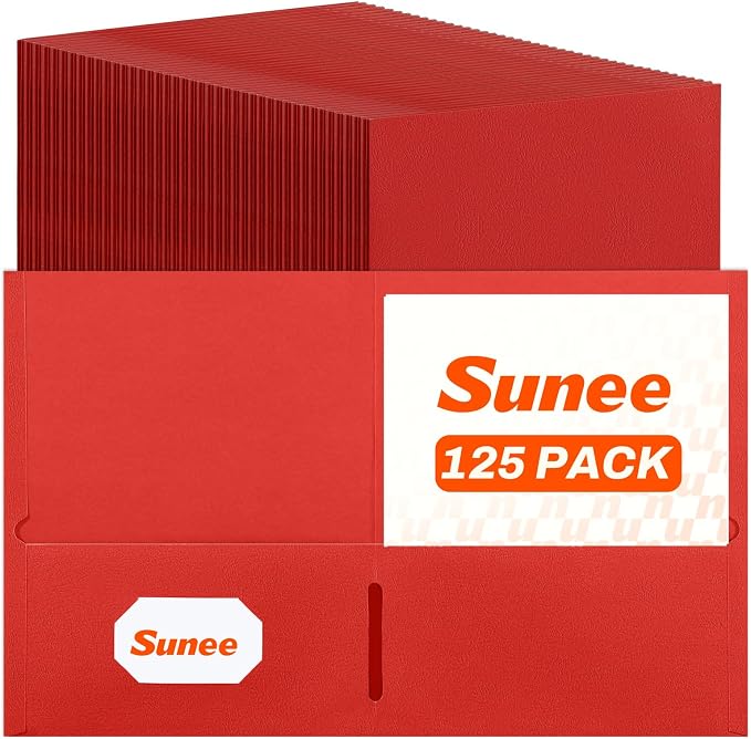 SUNEE Folders with Pockets(125 Pack, Red), 2 Pocket Folders Fit Letter Size Paper, Paper File Folder for School Office Home Business