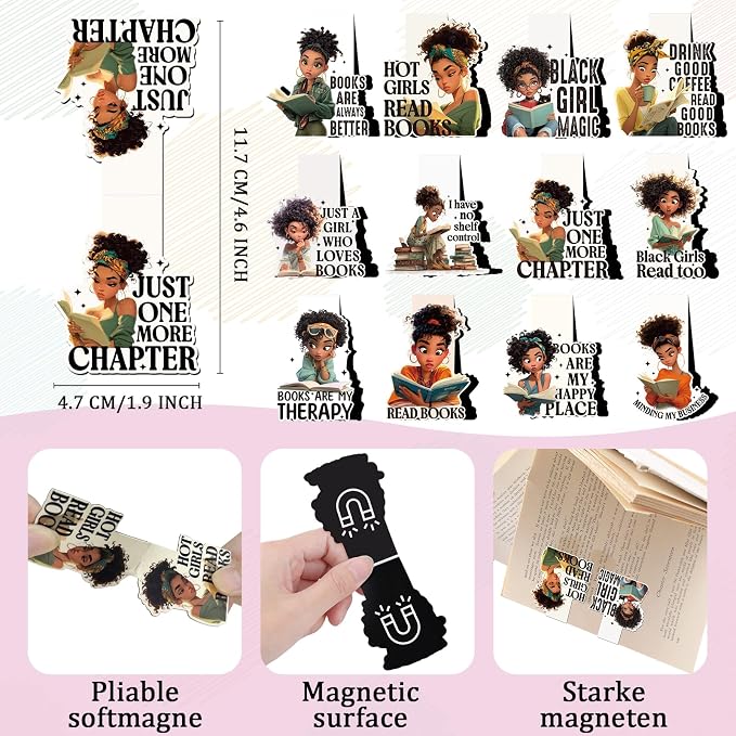 Black Girl Reading Bookmark - 12 PCs African American Women Magnetic Book Mark Inspirational Bulk Aesthetic Magnets Page Markers for Bookish Lovers Students Teachers School Birthday Gift