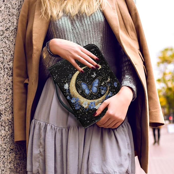 Purple Butterfly Bible Bag Bible Carrying Case for Women Moon Print Bible Cover Vegan Leather Carrying Book Case Christian Gifts for Women Size：L