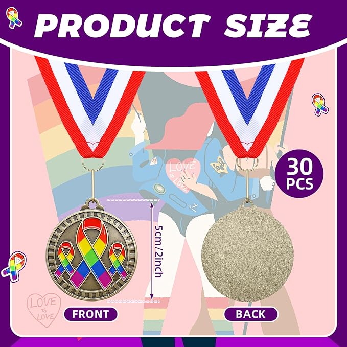 30 Pcs Gay Pride Awareness Medals Rainbow Ribbon Award Gifts with Neck Ribbon 2" LGBT Trophy Rainbow Medal Award for Love is Love Equality LGBT Pride Month 2026