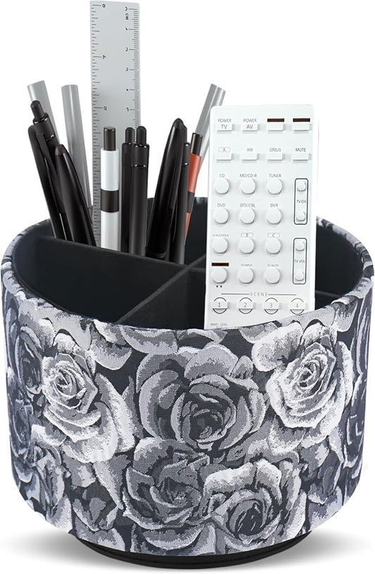 Round Leather Art Supply Organizer,Remote Control Holder,360 Degree Rotating,Multi-Functional Pencil Holder,4 Compartments Desktop Stationary Organizer(1-3D Black Grey)