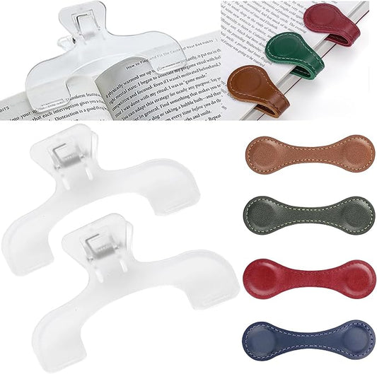 2PCS Transparent Reading Page Holder and 4Pcs Magnetic Leather Bookmark Combination Set,A Multi-Functional and Practical Magnetic Bookmark,Suitable for Book Lovers,Men,Women,Teachers,Students