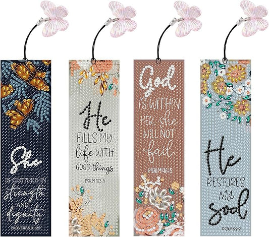 Bible Diamond Art Bookmarks for Adults, 4 PCS Bible Diamond Painting Bookmarks with Pendant, 5d Gem Art, Acrylic Bookmark Easy DIY Crafts for Books Decor Gift