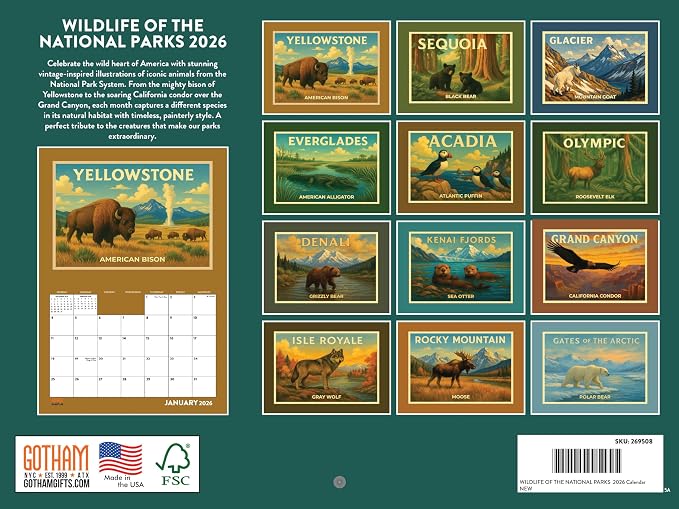 National Parks Wildlife Vintage Travel Poster Calendar 2026 Monthly Wall Calender 12 Month | American Made In The USA