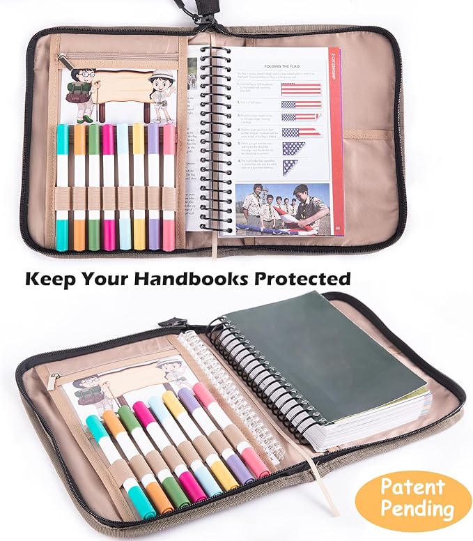 Handbook Book Cover Compatible with BoyScoouts Handbook with Amercan Flag Patch and Compass - Book Sleeve - Handbook Protector for Boys Girls