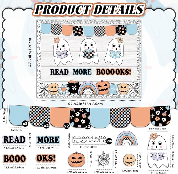 Halloween Bulletin Board Decorations Set, Boho Halloween Ghost Classroom Decor with Cute Ghost Paper Cutouts Border Trims for Back to School Teacher Nursery Classroom Wall Door Decor