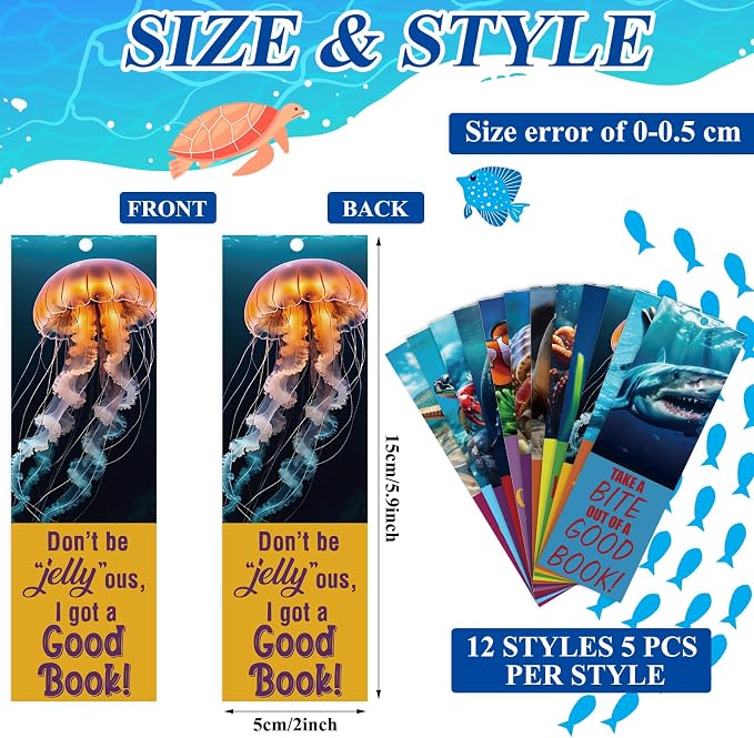 PerKoop 60 Pieces Realistic Ocean Bookmarks with Ribbon Bulk for Reading with Cute Sea Animals Encouragement Bookmarks for Students School Party Rewards Gifts