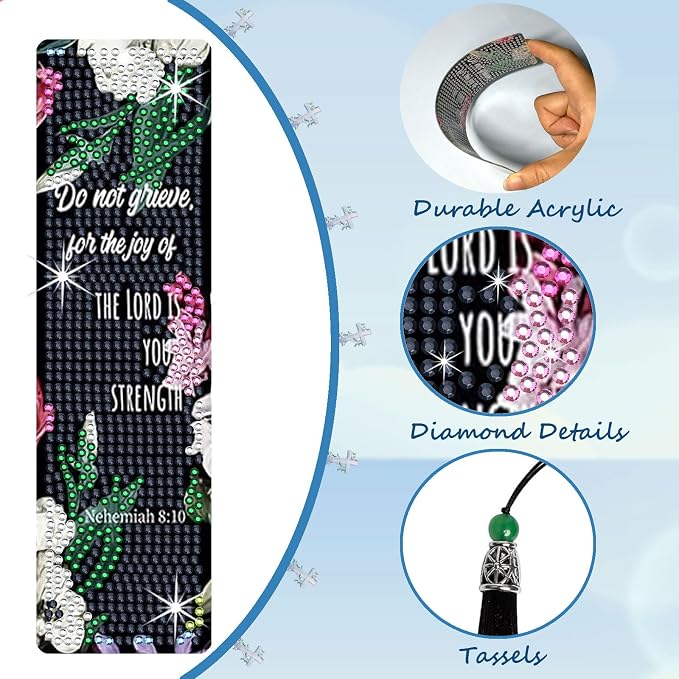 8PCS Diamond Painting Art Bookmarks,Cute Acrylic Bookmarks Crafts Kits Gifts with Pendants for Adult Women Book Lovers (Bible)