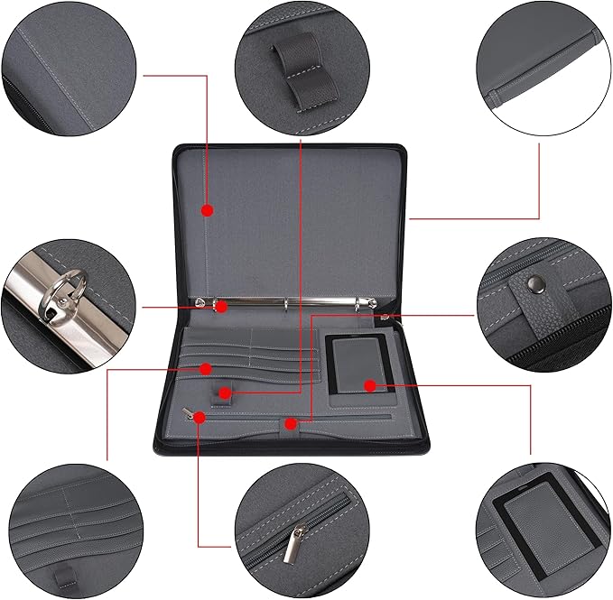Wonderpool Travel Zippered Portfolio 3 Ring Binder A4 Padfolio Document Case with Removable Clipboard Legal Pad Holder, Business Office School Organizer for Men and Women (Black)