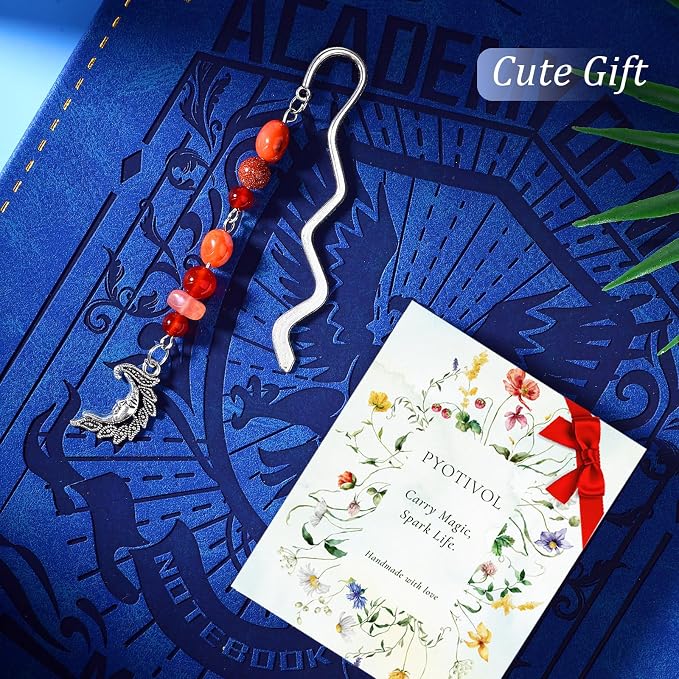 Vintage Metal Moon Bookmark Pendant with Natural Crystal Bead Chain–Elegant Bookmarks for Women,Men,Book Lovers,Teachers and Students(Red Crystal)
