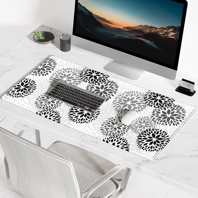 BOSOBO Large Mouse Pad, Desk Pad, XXL XL Extended Gaming Mouse Pad, Desk Mat for Office & Home, Long Keyboard Huge Mat, Desktop Full Cover 31.5 x 11.8 Inches, Minimalist White Black Flower