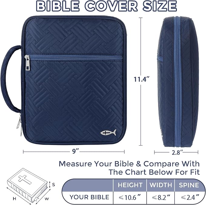 XKDOUS Bible Cover Case for Women, Large Bible Cover with Durable Handle, Washable Quilted Bible Case, Bible Study Supplies & Christian Gifts for Mom, Women, Men (Dark Blue)