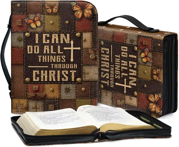 Vintage Cross and Butterfly Bible Case with Bookmark Waterproof Bible Cover Case for Women Lightweight Bible Bag with Handle Pockets Church Book Bag Brown