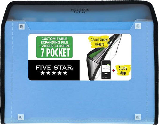 Five Star Expanding File Organizer + Study App, 7-Pocket Accordian File Organizer, Zipper Closure, Holds 8.5" x 11" Paper, Blue (Color May Vary) (350099B)