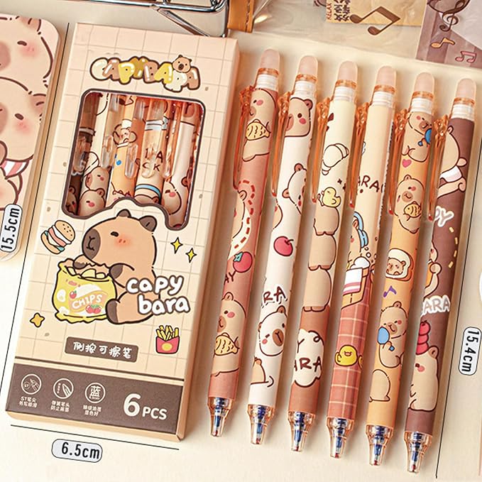 MOZXIRZ 6 Pcs Cute Erasable Retractable Pens Erasable Gel Ink Pens Cartoon Capybara Pen 0.5mm Fine Point Blue Ink Pen Cartoon Writing Pen Office School Pens Women Girls Boys (Blue Ink-Capybara)