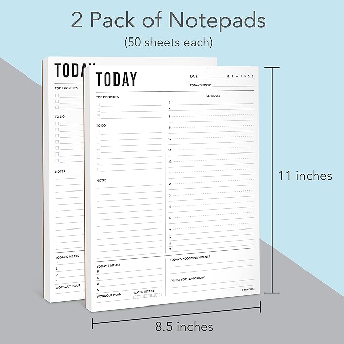 Daily Planner Notepad 2pk, 50 Sheets Tear Off, 8.5" x 11" To Do List Notebook with Hourly Schedule Task Planner