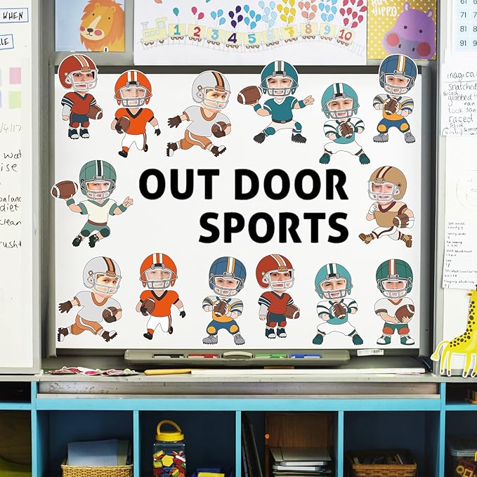 FYSUIMU 90 Pcs Football DIY Cutouts Sports Ball Cut-Outs Football Player Helmet Paper Cutting with 150 Pcs Glue Points for Crafts Birthday Party Classroom Bulletin Board Photo