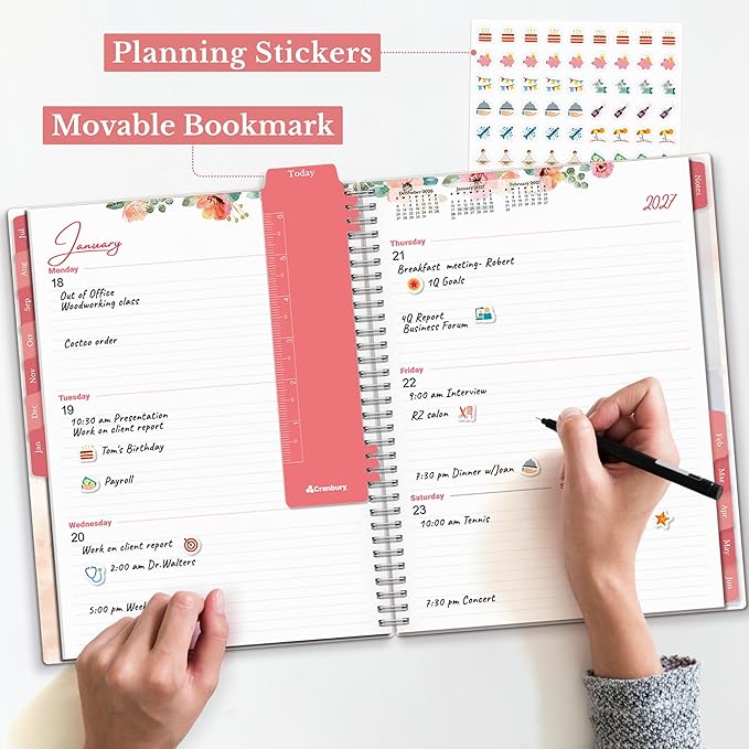 CRANBURY 2026-2027 Academic Planner 8.5x11, July 2026 to June 2027, Weekly Daily Organizer with Monthly Tabs, Floral Theme, Spiral Bound, Agenda Book