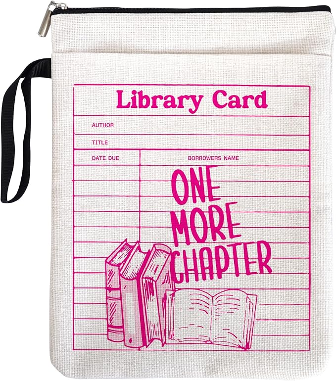 One More Chapter Pink Decor Book Sleeve for Women Teen Girls, Vintage Library Card Book Cover for Librarian Book Lovers Friends with Zipper & Handle, Reading Day Gifts for Book Club Bookworm
