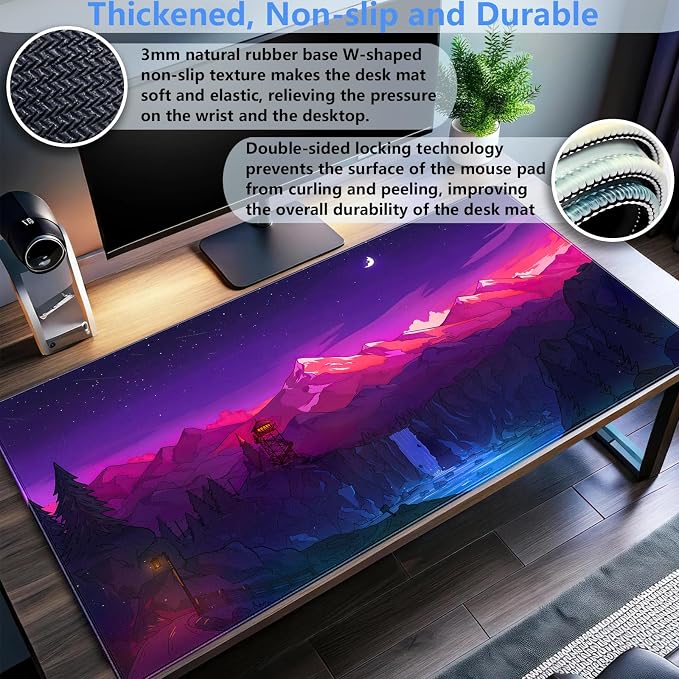 Purple & Pink Gaming Mouse Pad, 31.5 x 15.7 Inch | XXL Full Desk Size, Stitched Edge, Anti-Slip, Washable, Anime Game Design