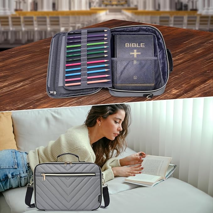 Bible Cover Case for Women, Large Bible Bag with Shoulder Strap, Quilted Book Carrying Case with Handle, Bible Study Supplies & Christian Gift for Women, Grey