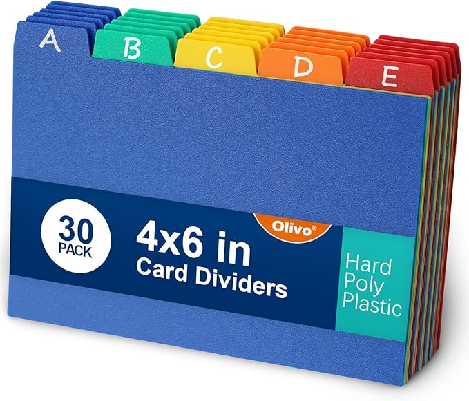 Olivo Index Card Dividers Tabs 4x6 Poly Plastic Card File Guides 4" x 6", Colored, 30 Pack