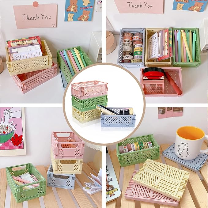 4 Pack Mini Foldable Plastic Small Baskets for Organizing and Storage, Collapsible Storage Crate for Home Bedroom Office Classroom Drawer Organizers (5.9x3.9x2.2in) Mini Size