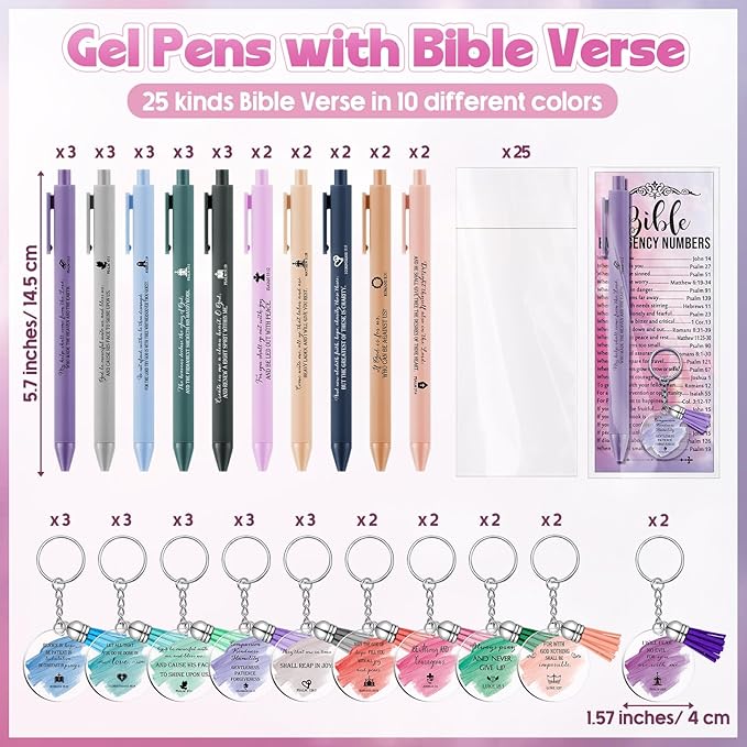 Feifeiya 25 Sets Mother's Day Christian Gifts Bulk Bible Verse Emergency Numbers Bookmarks Christian Pens Religious Keychain Church Welcome Gifts for Women(Ballpoint Pens)