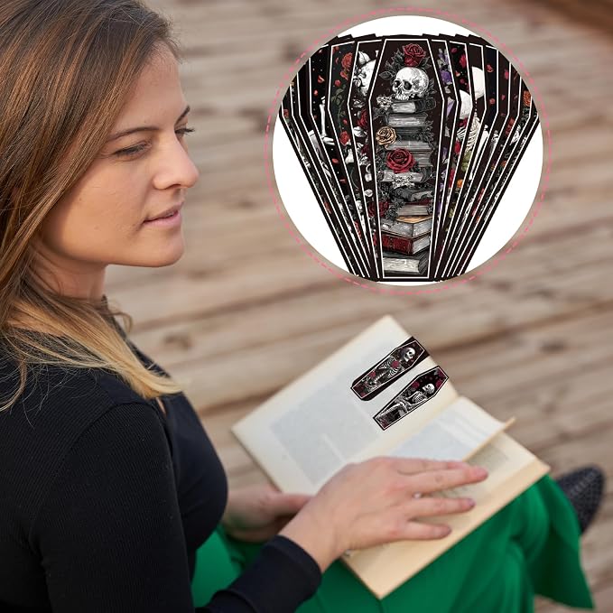 Wxiben Skeleton Coffin Magnetic Bookmark - 30 Pcs Gothic Skull Bookmarks for Book Lovers Skull Horror Book Marks Halloween Magnet Page Marker Clip Gifts for Women Men Students Teacher Reading Bookish