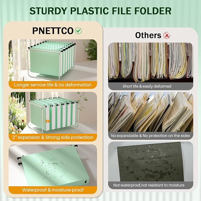 12 Pack 2 Inch Expansion Letter Size Hanging File Folders, Green File Folders Hanging, Hanging Folder with Adjustable Tab, Extra Capacity Filing Folders Hanging for School Office Supplies