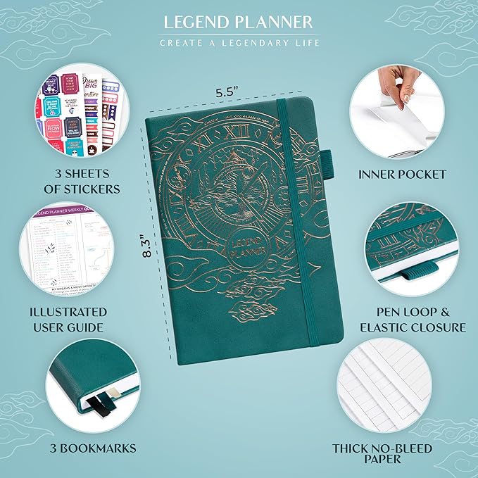 Legend Planner – Undated Weekly & Monthly Life Planner to Hit Your Goals & Live Happier, Organizer Notebook & Productivity Journal, A5 (Dark Teal, Gold)