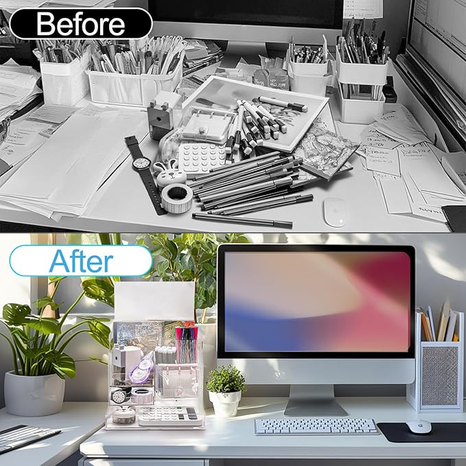 Cididu Acrylic Desk Organizer, Clear Desktop Storage with 2 Drawers for Office Supplies, Pen Holder, Stationery Caddy, Makeup Brushes, 7 Compartments Aesthetic Transparent Organizer for Home School