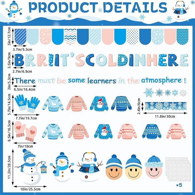 Winter Snowman Bulletin Board Decorations Set Winter Sweater Paper Cutouts Christmas DIY Photo Snowflake Classroom Bulletin Border for Xmas Holiday Party School Home Chalkboard Wall Decoration Favor