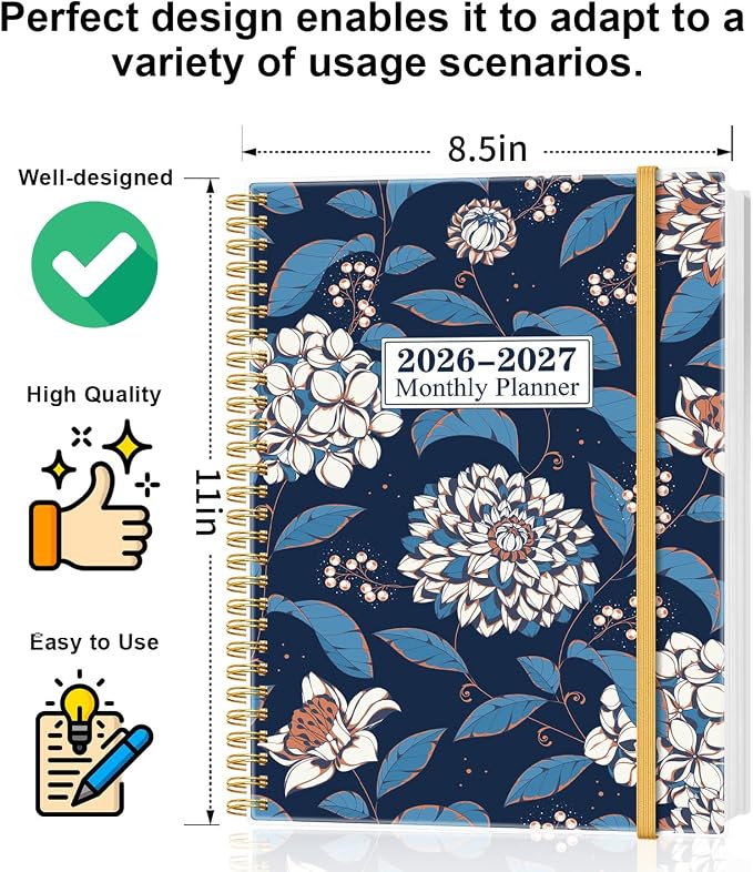 Monthly Planner 2026-2027 – Monthly Calendar from May 2026 to December 2027, 20 Month Planner with Spiral Binding, Inner Pocket, Elastic Closure, 8.5" x 11", Flower-A