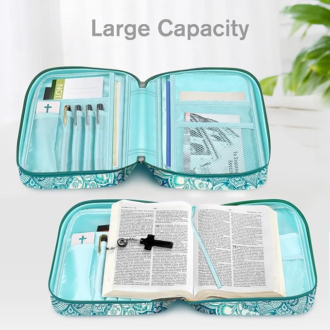 FINPAC Bible Cover, Carrying Book Case Church Bag Bible Protective with Handle and Zippered Pocket, Gift for Mother Lady Women Men, Emerald Illusions
