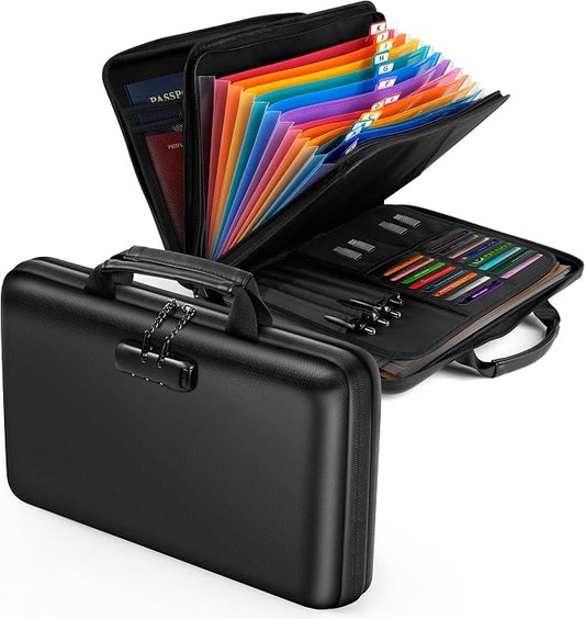 Fireproof Document Safe Box with Lockable Zipper, Hard-shell, 13 Pockets, Waterproof for Important Papers Binder, Fire/Water Resistant File Box for Travel, Home & Office, Organizer for Passport, Cards