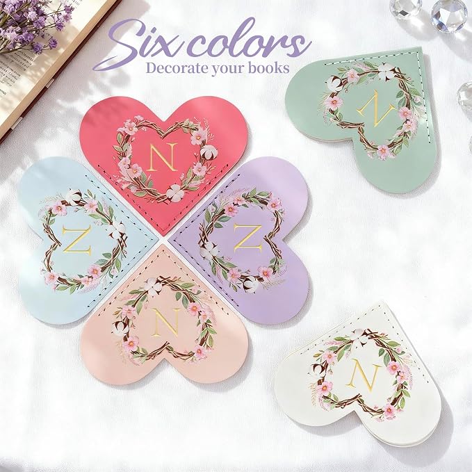 6 Pack Macaron Colorful Bookmarks,Heart Shape Leather Bookmark Set with Floral Initials,Cute UV Printed Design,Bulk Graduation Gifts for Students Teachers Book Lovers,Elegant Thank You Gift (N)