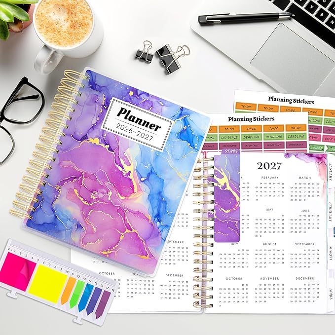 Planner 2026-2027, Large 18 Months Academic Daily Weekly Monthly Planner Yearly Agenda Jan. 2026–June. 2027, 7.9" x 9.8", Page Tabs, Separator Page, Pocket Folder, Bookmark, Stickers, Sticky Note Set