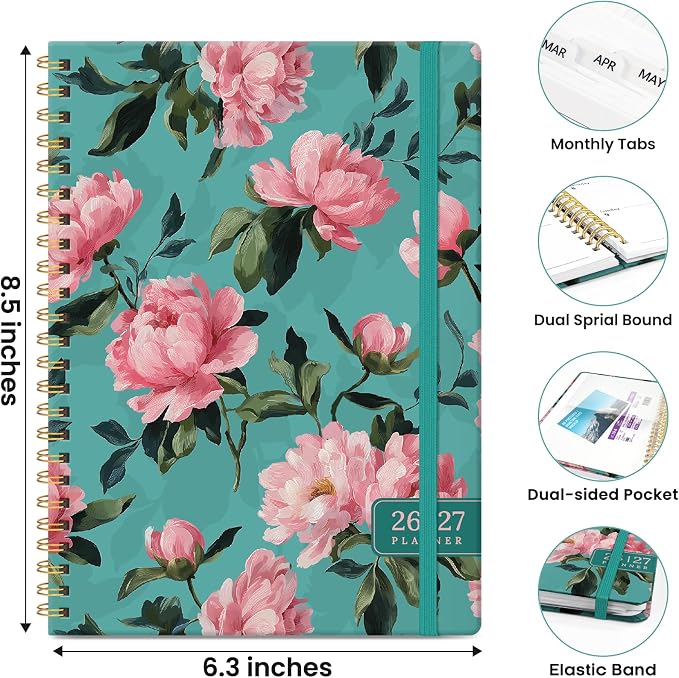 Planner 2026–2027, Academic Planner Weekly and Monthly Calendar Jul 2026 – Jun 2027 Hardcover Planner with Tabs and Pocket, Spiral Bound Agenda Book for Student & Teacher, 6.3" x 8.5", Teal Peonies