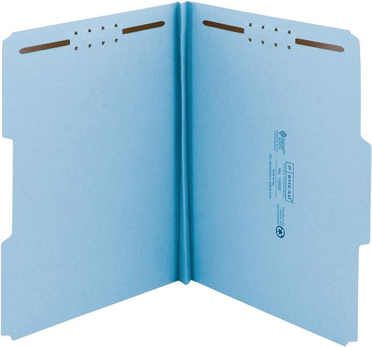 Smead 100% Recycled Pressboard Fastener File Folder, 2 Fasteners, 1/3-Cut Tab, 1" Expansion, Letter Size, Blue, 25 per Box (15000)