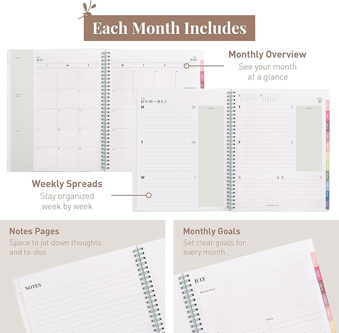 Rileys Academic Planner 2026-2027, Daily, Weekly & Monthly Planner, July 2026 - June 2027, Student Notes Pages, Twin-Wire Binding, Weekly Agenda for School & Work (8.5 x 11-Inches, Deco, Green)