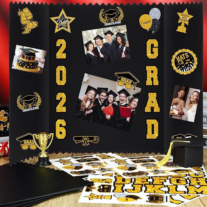 AmazingSpark 4 Sets Graduation Photo Display Board Trifold Poster Board with 12 Graduation Themed Stickers for 2026 Grad Party Decoration Picture Collage Frame Supplies (24 x 16,Black Gold)