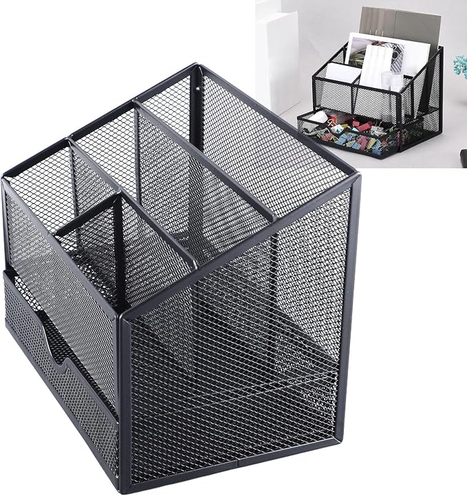 Desk Organiser, Metal Mesh with Removable Drawer, for Office Supplies, Books, Stationery and Desktop Storage, Black