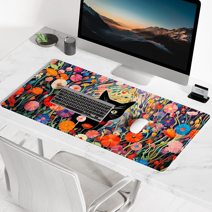 BOSOBO Extra Large Mouse Pad for Gaming and Office, XXL XL Desktop Full Cover Mat, 31.5 x 11.8 Inches, Pink Orange Flowers and Cat