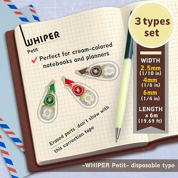 Correction Tape Whiper Petit Cream Color Tape 3 Size Set 2.5mm, 4mm, 6mm(1/10 in,1/6 in,1/4in) And Sticky Notes Set WH-812Y 51-641, WH-814Y 51-642, WH-816Y 51-644